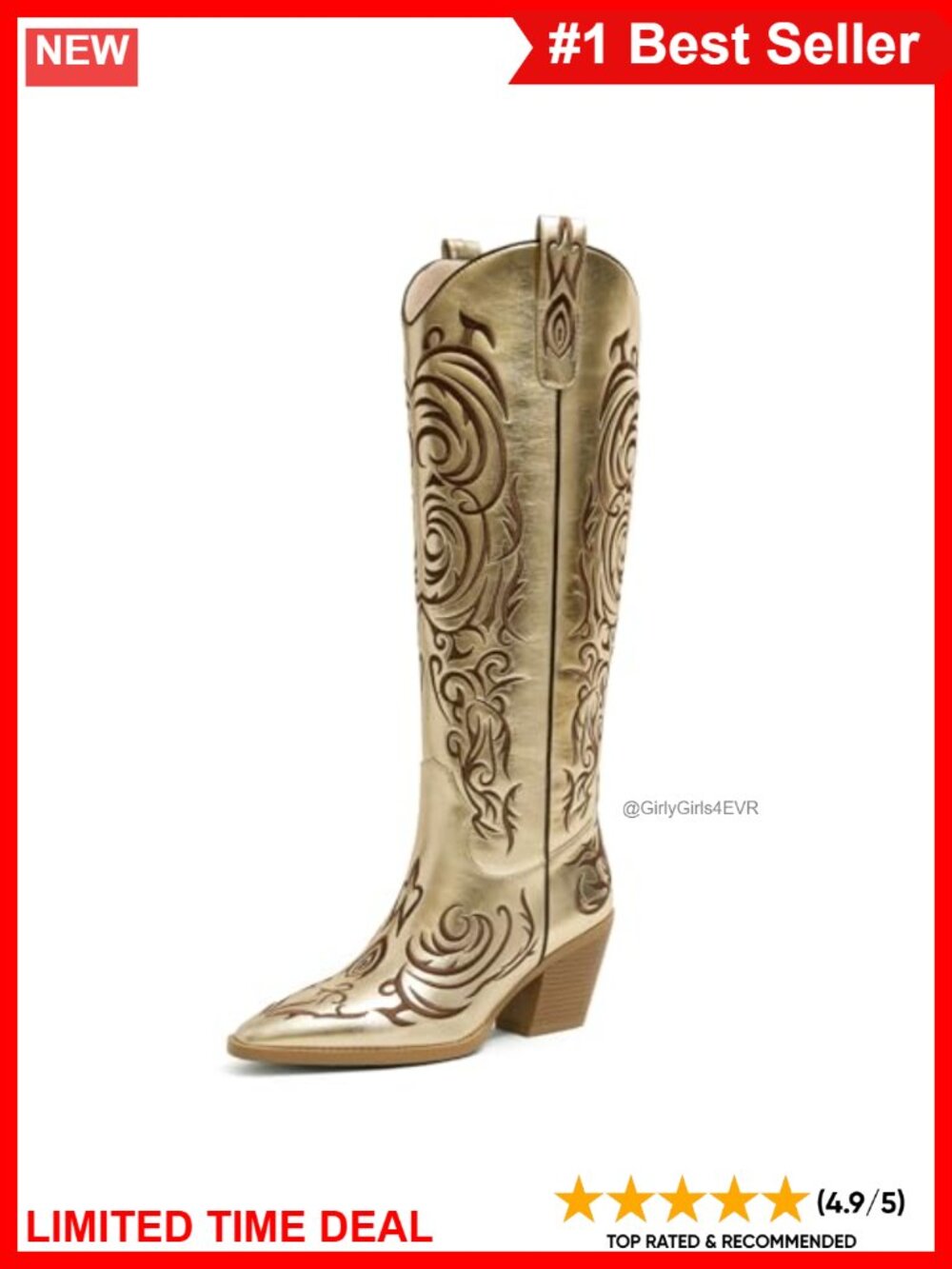 Knee-High Western Boots Pointed Toe Faux Leather Embroidered